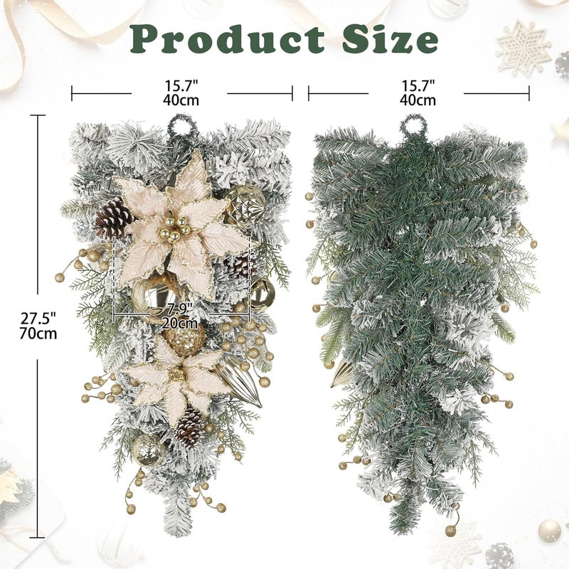 Arborus 27.5" Artificial Christmas Teardrop Swag with Champagne Poinsettia, Pine Cones, Berries & Ornaments, White Cedar Branch Base for Christmas Thanksgiving Winter Holiday Front Door and Wall Decoration - Image 3